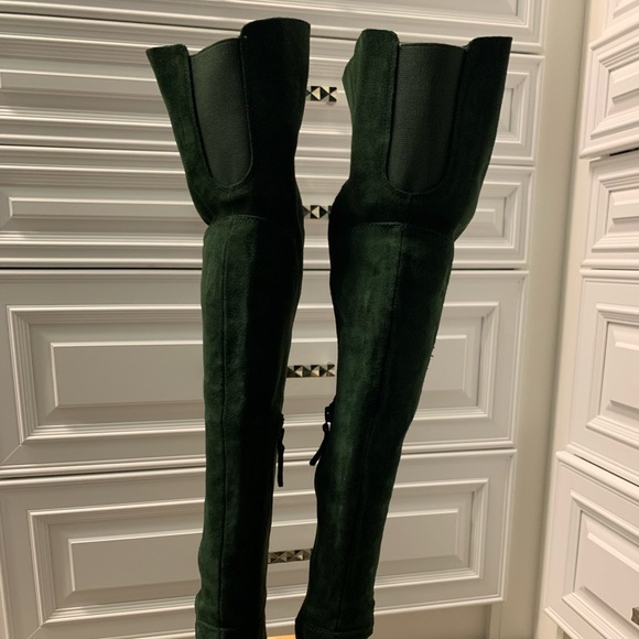 Tall Dark Green Suede Boots - Picture 4 of 11